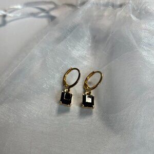 Gold Small Hoop Earrings with Black Diamond Rectangle Charm 🖤✨